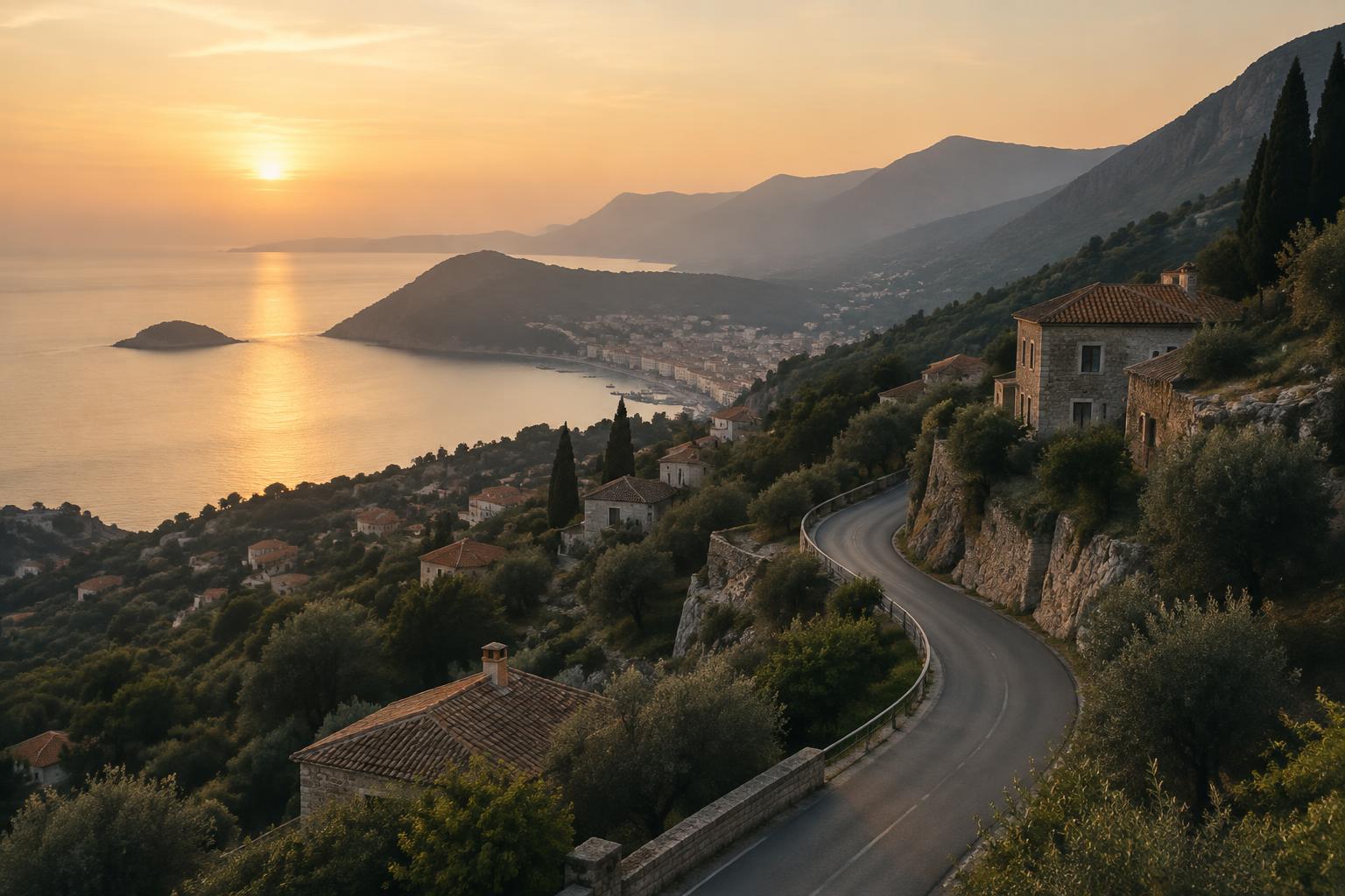 Strada panoramica sul Mediterraneo al tramonto